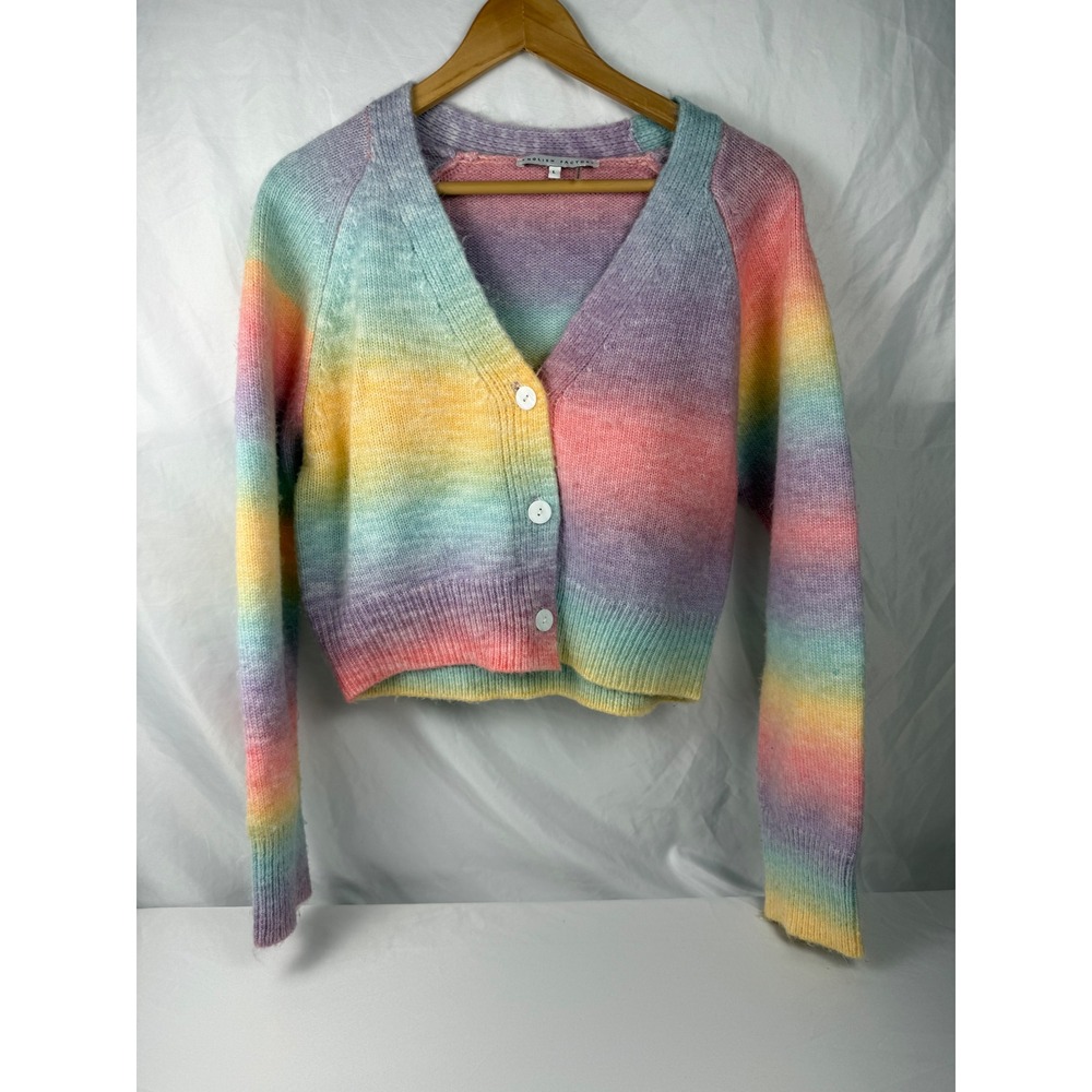 English Factory Pastel Rainbow Fuzzy Cropped Ombre Cardigan Sweater L Pastel